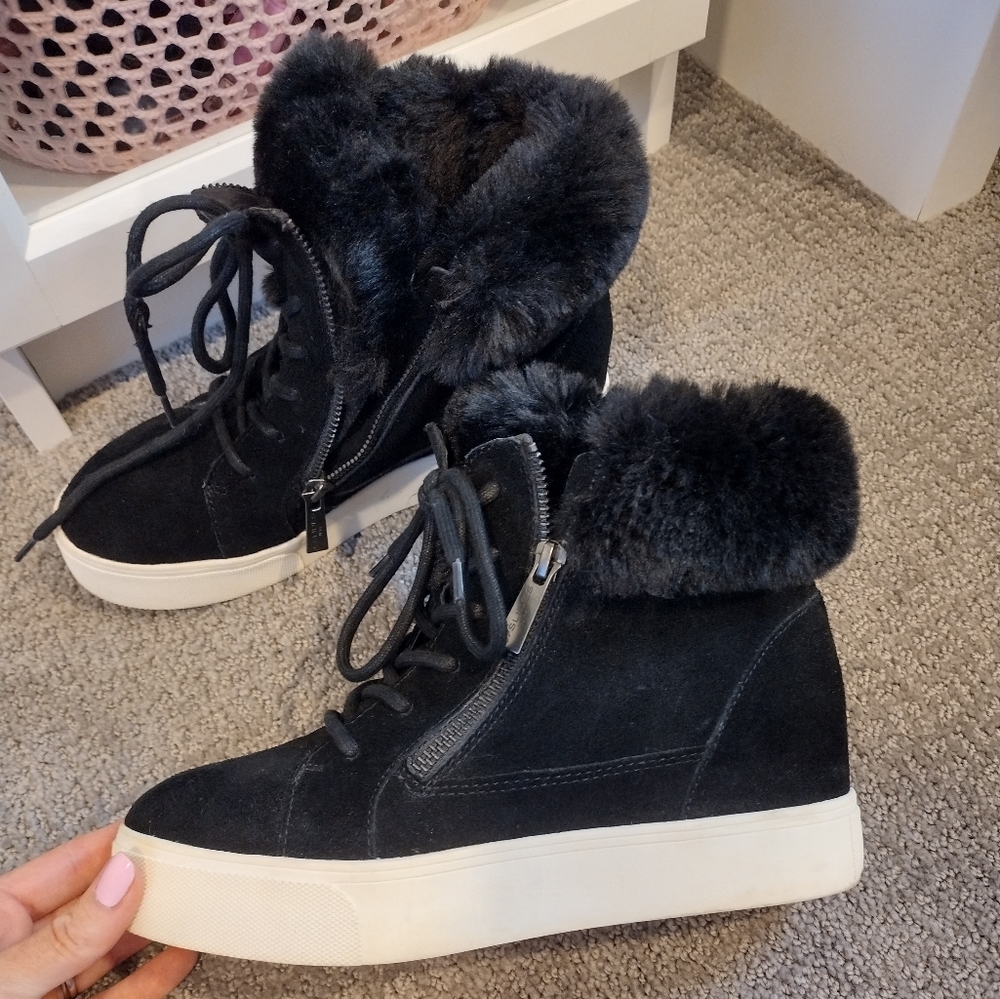 J Slides Black Suede Wedge Boots w Fur